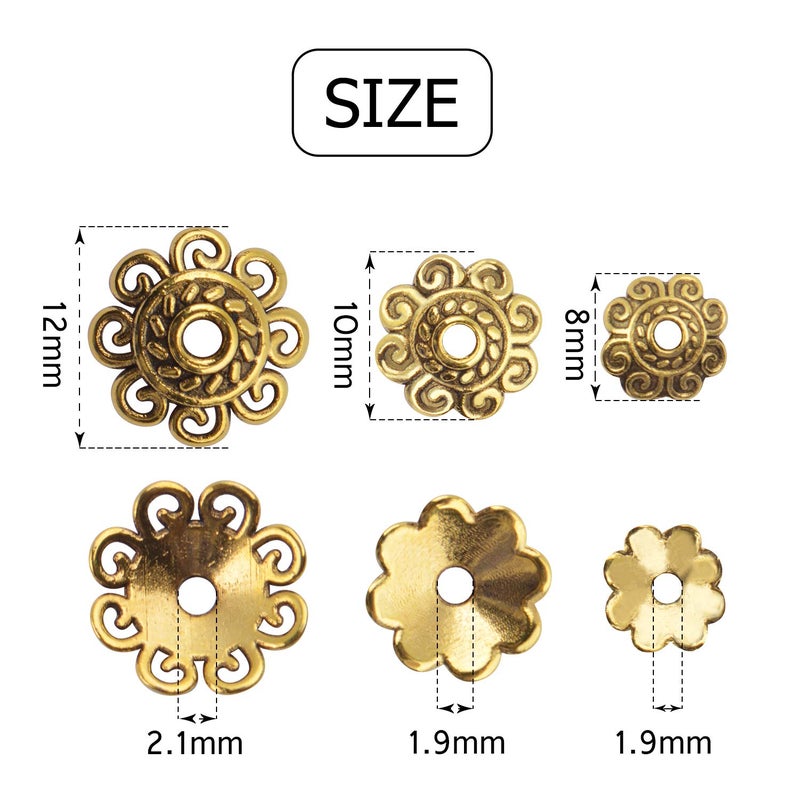 BronaGrand 200pcs 8mm/10mm/12mm Bead Caps Spacer Beads Flower Bead Caps Jewelry DIY Findings for Necklace Bracelet Making,Antique Gold - Image 3